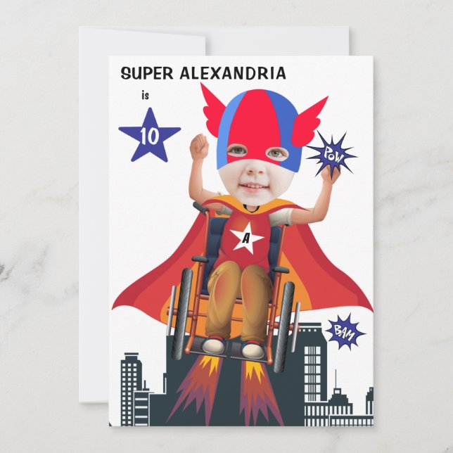 Invitation Fille Superhero en fauteuil roulant 💥 Héros volan (Devant)