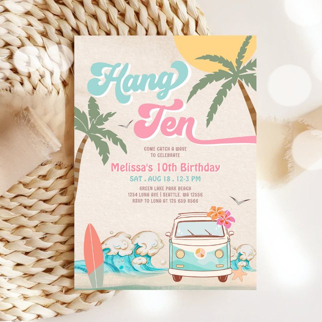 Invitation Fille Surf Rose Menthe 10ème Anniversaire de Surf  (Créateur téléchargé)