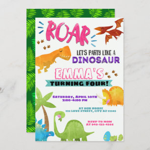Invitation Fille T-Rex Dinosaure fête d'anniversaire