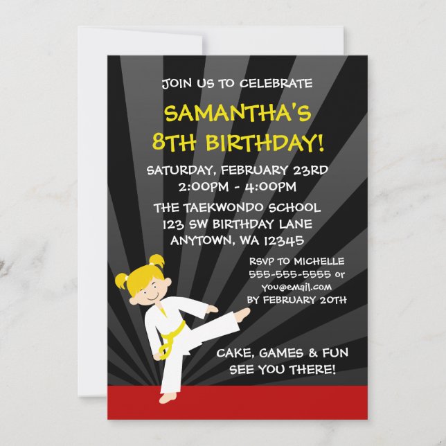 Invitation Fille Taekwondo Karaté Ceinture Jaune Blonde Anniv (Devant)