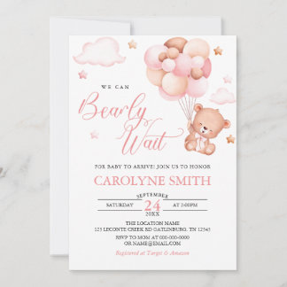 Invitation Fille Teddy Bear Balloon Bearly Wait Baby shower