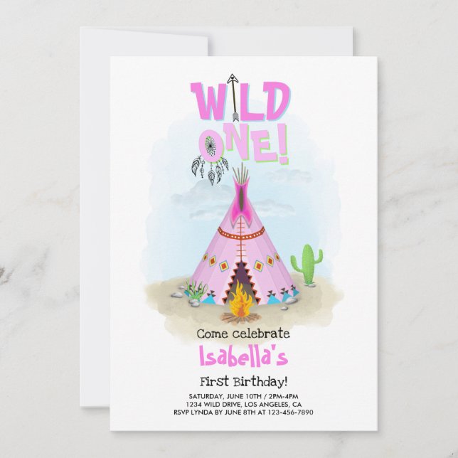 Invitation Fille Teepee d'une tribu rose sauvage (Devant)