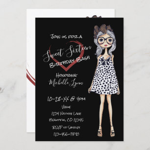 Invitation Fille tendance dans le coeur noir blanc doux 16 An