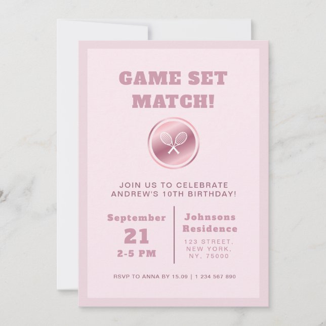 Invitation Fille Tennis Anniversaire Rose Gold Raquettes Rose (Devant)