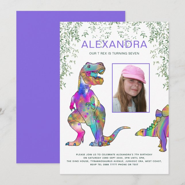 Invitation Fille thème dinosaure fête d'anniversaire photo vi (Devant / Derrière)