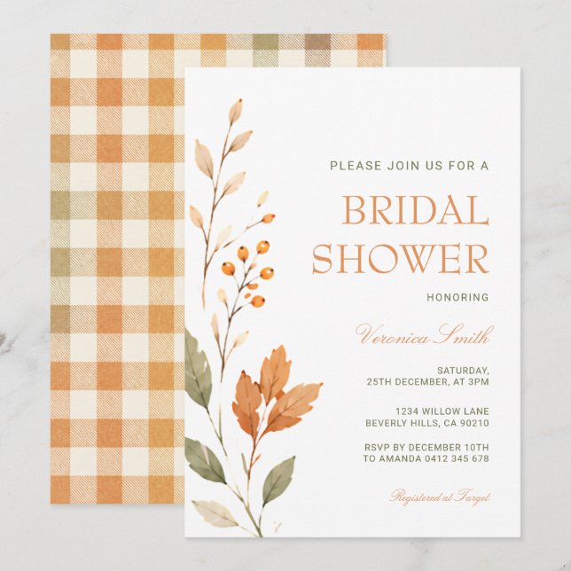 Invitation Fille Tomber Mariage Gingham Floral Terracotta (Devant / Derrière)