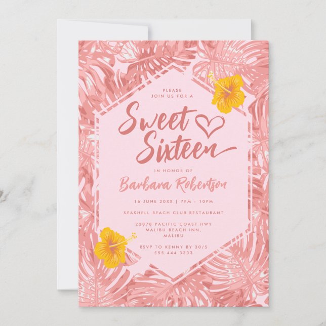 Invitation Fille Tropical Pastel rose Sweet sixteen floral (Devant)