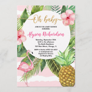 Invitation Fille tropicale de baby shower de Flamant rose,