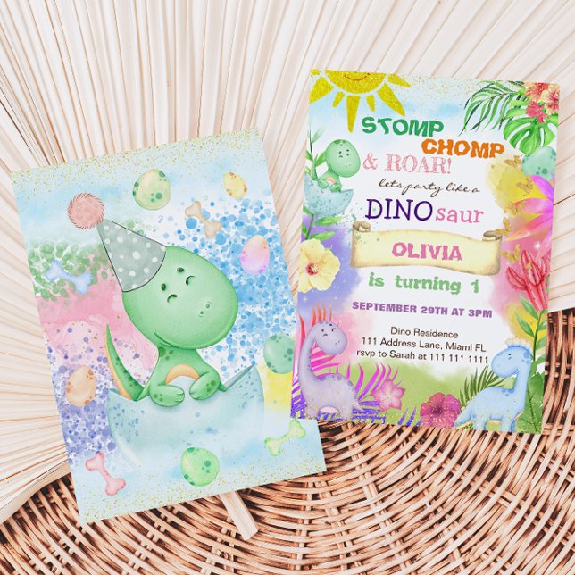 Invitation Fille tropicale dinosaure floral 1er anniversaire  (Créateur téléchargé)