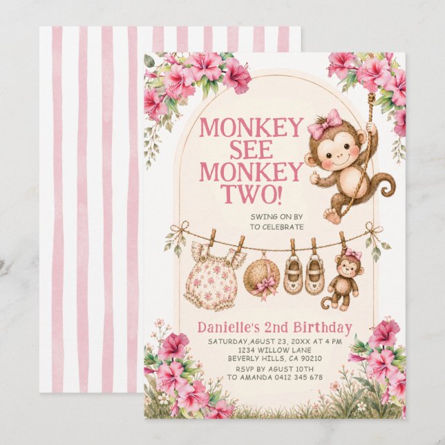 Invitation Fille Tropicale Singe Voir Singe Deux Anniversaire (Devant / Derrière)