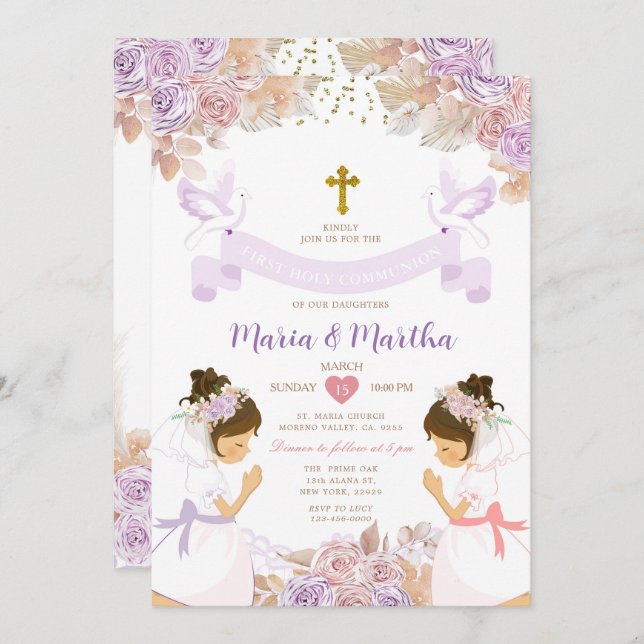 Invitation Fille TWIN Première Communion Violet Rose Floral (Devant / Derrière)