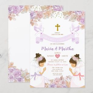 Invitation Fille TWIN Première Communion Violet Rose Floral