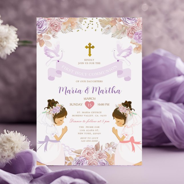 Invitation Fille TWIN Première Communion Violet Rose Floral (Créateur téléchargé)