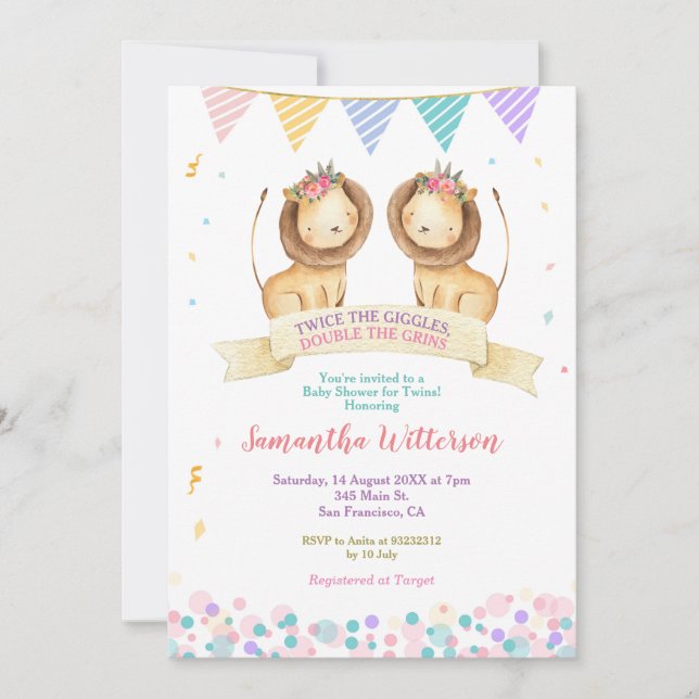 Invitation Fille Twins Lion Cubs Baby shower Deux fois les Gi (Devant)