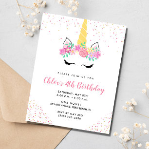 Invitation Fille Unicorne 4e fête d'anniversaire