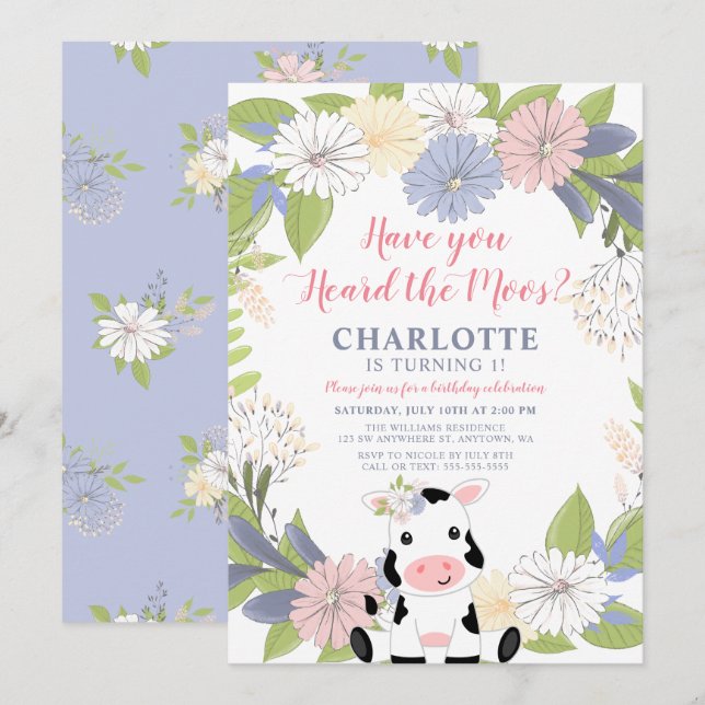 Invitation Fille vache de gerbe florale 1er anniversaire (Devant / Derrière)
