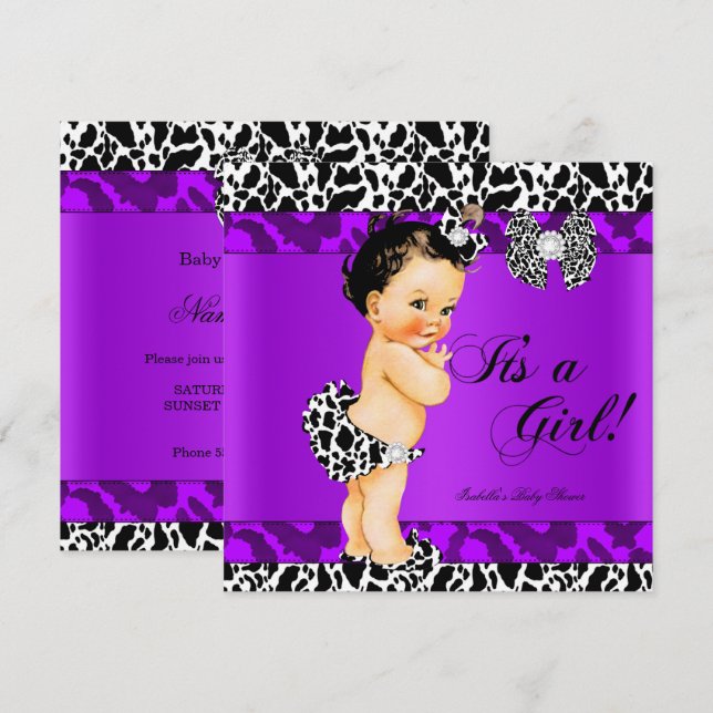 Invitation Fille vache léopard violet Baby Shower Brunette Bé (Devant / Derrière)