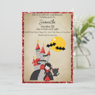 Invitation Fille vampire mignonne et château hanté Halloween