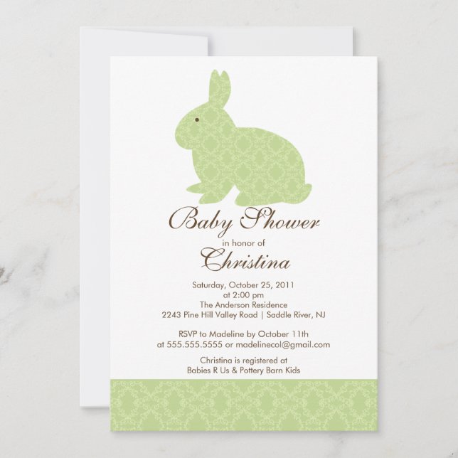 Invitation Fille verte d'invitation de baby shower de lapin (Devant)