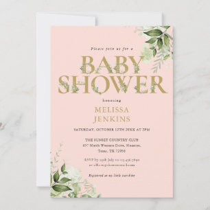 Invitation Fille Verte Rose Pâle Lettre Dorée Baby Shower