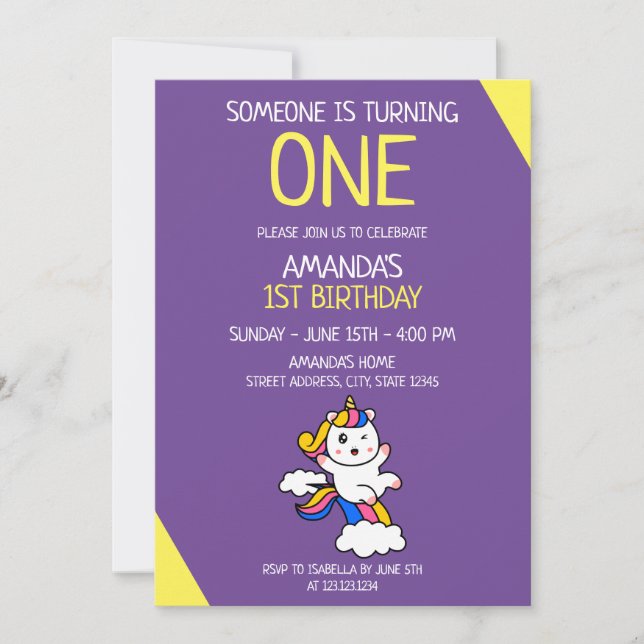 Invitation Fille violet et jaune mignon Unicorn 1er anniversa (Devant)