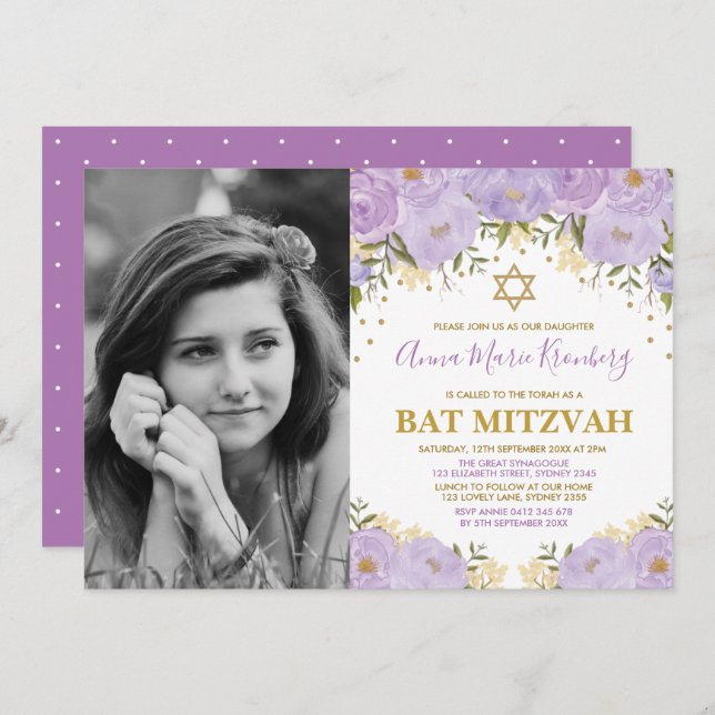 Invitation Fille Violet Lavande Or Floral Bat mitzvah (Devant / Derrière)