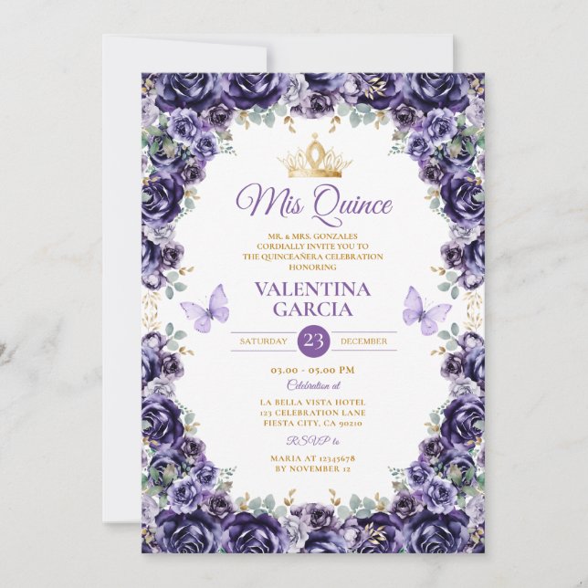 Invitation Fille Violet Quinceañera 15 Anos Fleurs Or Couronn (Devant)
