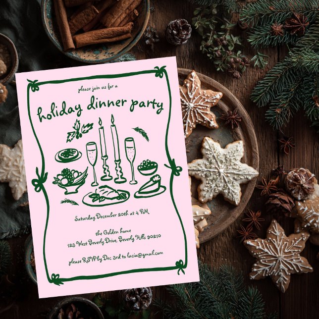 Invitation Fille Whimsical Soirée de Noël (Whimsical Doodle Sketch Girly Christmas Holiday Dinner Party Invitation Pink Green
)
