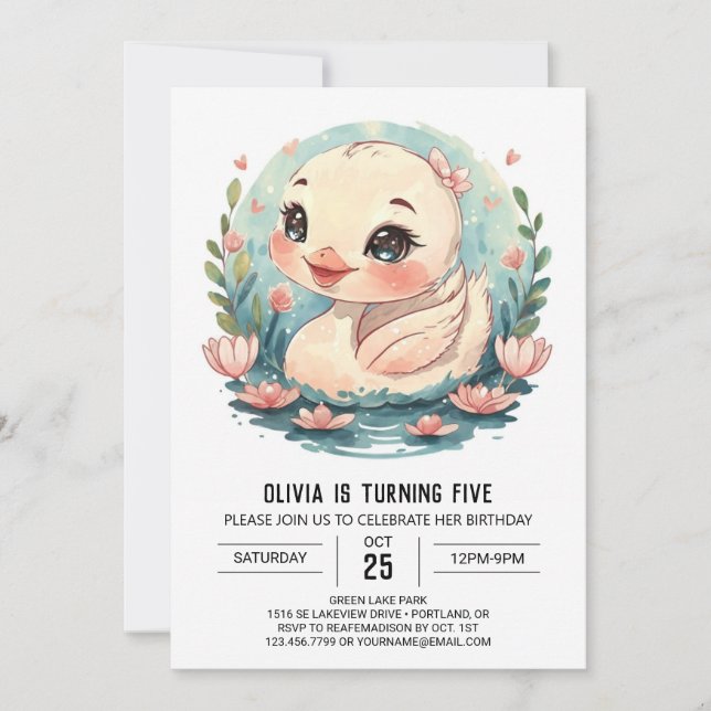 Invitation Fille Whimsical Swan Bird Anniversaire (Devant)
