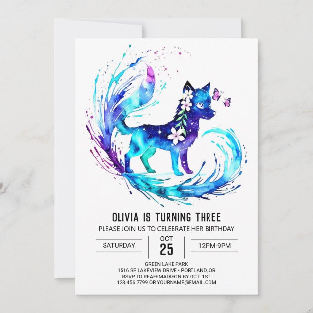 Invitation Fille Whimsical Wolf Digital Girl Anniversaire (Devant)
