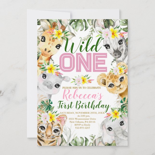 Invitation Fille Wild Un Anniversaire Jungle Animaux 1er Anni (Devant)