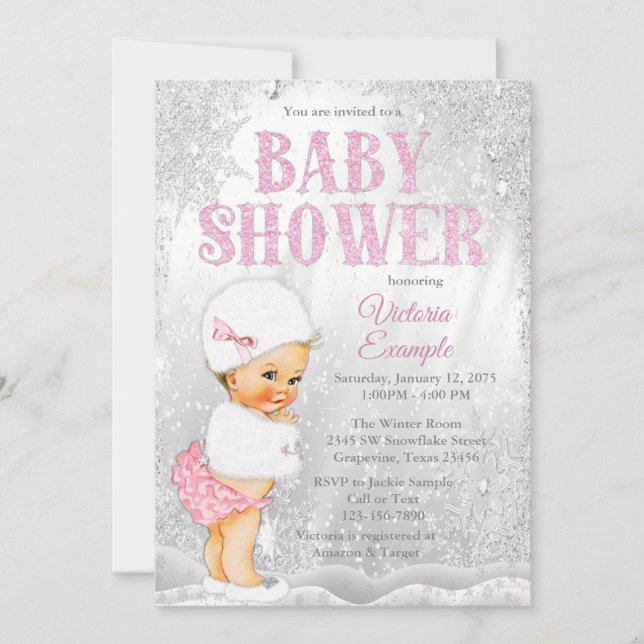 Invitation Fille Winter Wonderland Baby shower Pink Snowflake (Devant)