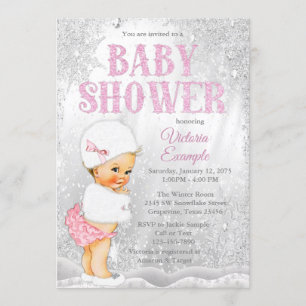 Invitation Fille Winter Wonderland Baby shower Pink Snowflake