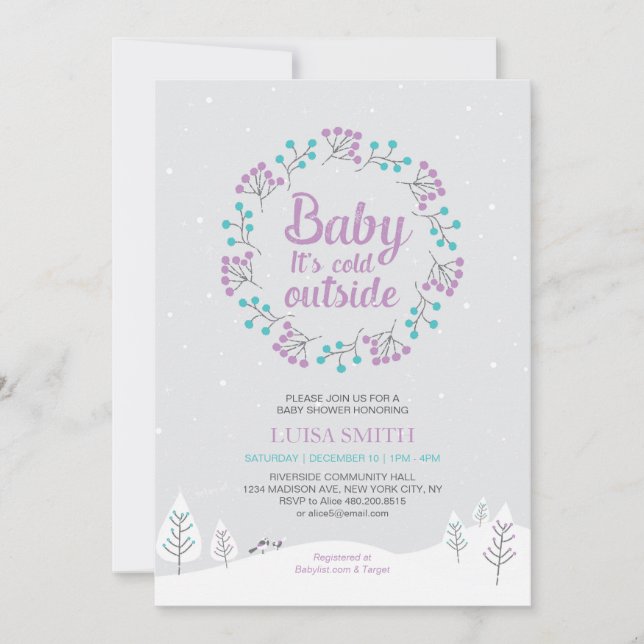 Invitation Fille Winter Wonderland Baby shower, violet et Tur (Devant)