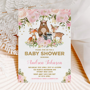 Invitation Fille Woodland Baby shower Forêt Animaux Or rose
