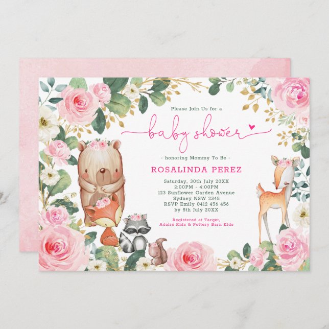Invitation Fille Woodland rose Floral Rose Baby shower forest (Devant / Derrière)