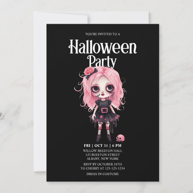 Invitation Fille Zombie Crâne rose Horreur Halloween Party (Devant)