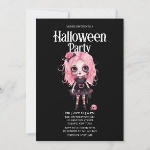 Invitation Fille Zombie Crâne rose Horreur Halloween Party