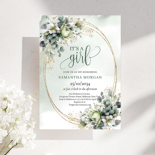 Invitation Filleau avec Feuillage Aquarelle Or Ver (Green Gold Watercolor Foliage It’s A Girl Invitation)