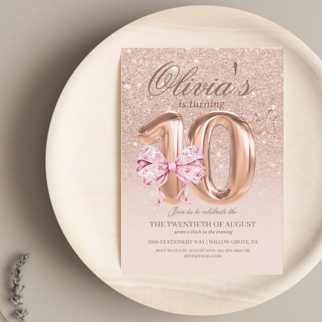 Invitation Filles 10e anniversaire Bow Rose Gold Anniversaire (Créateur téléchargé)