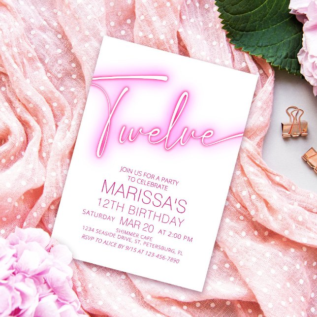 Invitation Filles 12e Ado de Neon Anniversaire (Créateur téléchargé)