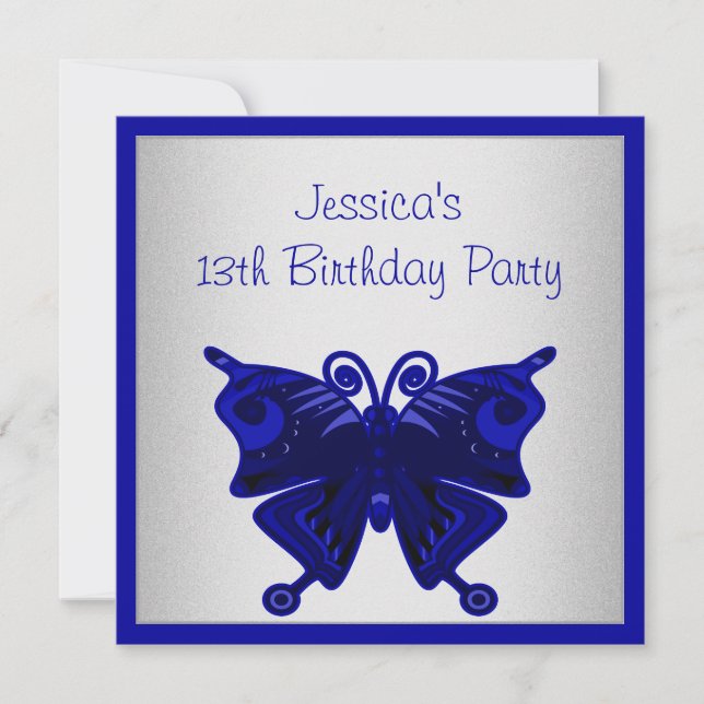 Invitation Filles 13e anniversaire Cobalt Blue Butterfly Silv (Devant)