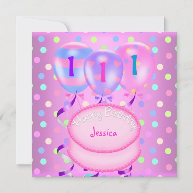 Invitation Filles 1er anniversaire Balloons Cake Streamers (Devant)