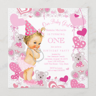 Invitation Filles 1er Anniversaire Fête Teddy Bear Hearts