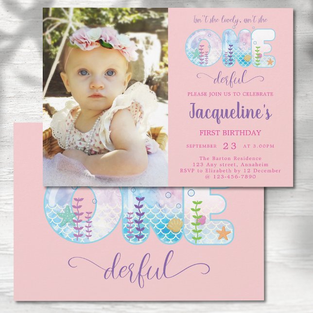 Invitation Filles 1er Anniversaire ONEderful Pretty Rose (Pretty pink baby 1st birthday party invitation. Cute ONEderful under the sea with photo.)