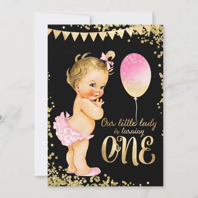Invitation Filles 1er anniversaire Parties scintillant Gold F (Devant)