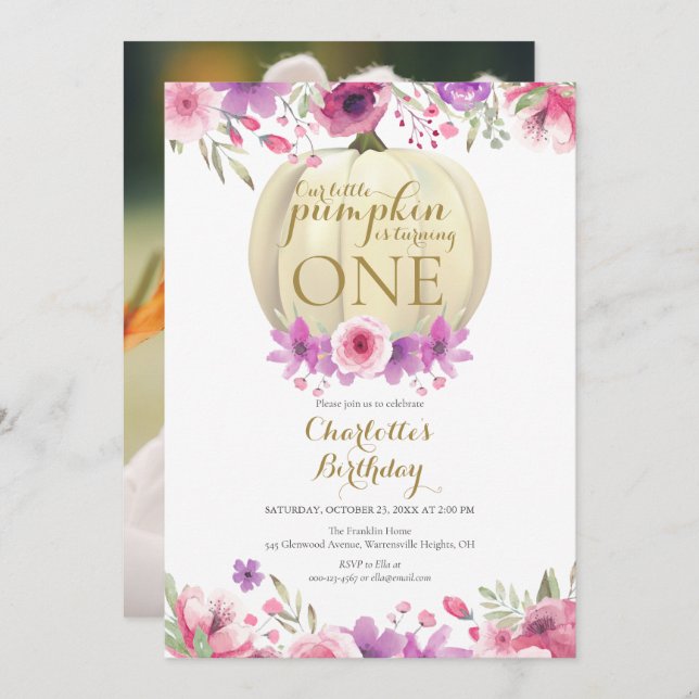 Invitation Filles 1er anniversaire Petit Citrouille photo flo (Devant / Derrière)