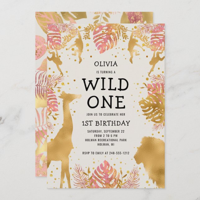 Invitation Filles 1er anniversaire Pink Ecru Safari (Devant / Derrière)