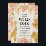 Invitation Filles 1er anniversaire Pink Ecru Safari<br><div class="desc">Cette invitation à la fête d'anniversaire de la fille "sauvage" du safari dans la jungle présente des animaux à fausse feuille d'or (girafe, lion et singes), du feuillage de la jungle dorée et rose, et un arrosage de confettis d'or sur un arrière - plan écrémé. Ajoutez le nom de la...</div>