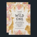 Invitation Filles 1er anniversaire Pink Ecru Safari<br><div class="desc">Cette invitation à la fête d'anniversaire de la fille "sauvage" du safari dans la jungle présente des animaux à fausse feuille d'or (girafe, lion et singes), du feuillage de la jungle dorée et rose, et un arrosage de confettis d'or sur un arrière - plan écrémé. Ajoutez le nom de la...</div>